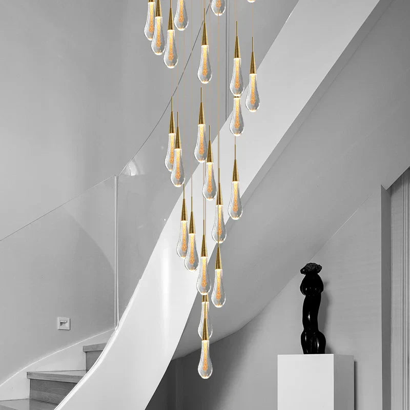 Crystal Tear Drop Chandelier for Staircase, LED Pendant Light in Gold - Indoor Decor
