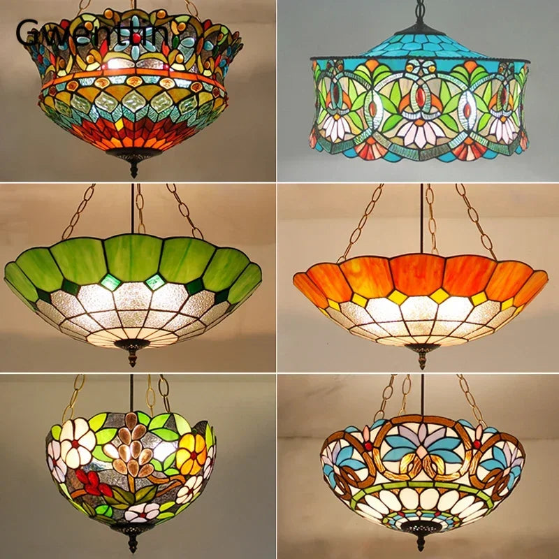 Mediterranean Tiffany Stained Glass Pendant Light Vintage Hanging Lamp Art Decor