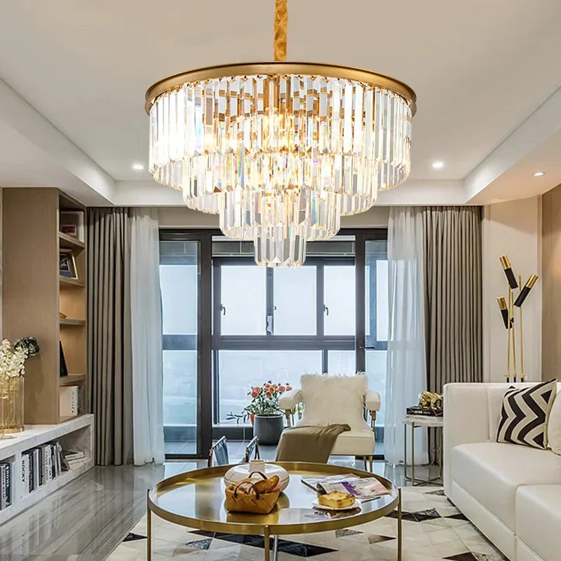 Crystal Gold Black LED Chandelier - Multi-Storey Modern Round Pendant Lamp