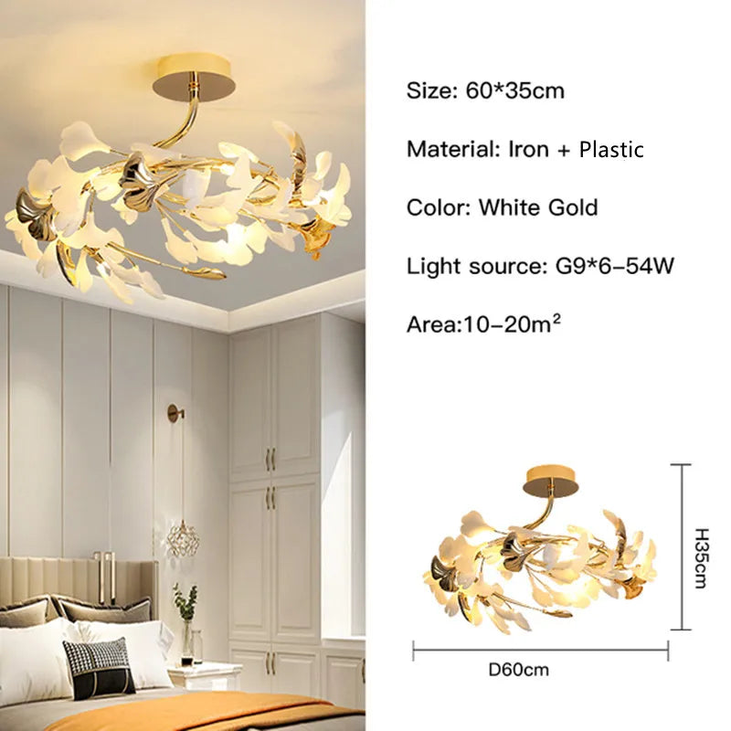 Gold Branches Chandelier with Porcelain Leaves Pendant Light - Luxury Living room Decor