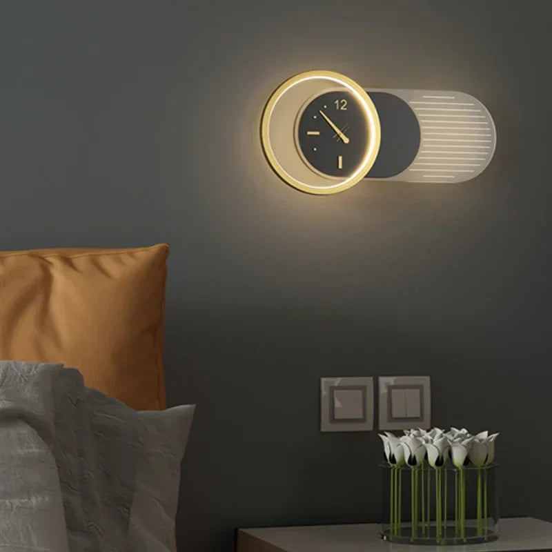 Nordic Wall Lamp Clock Modern Silent Bedroom Decor Lighting
