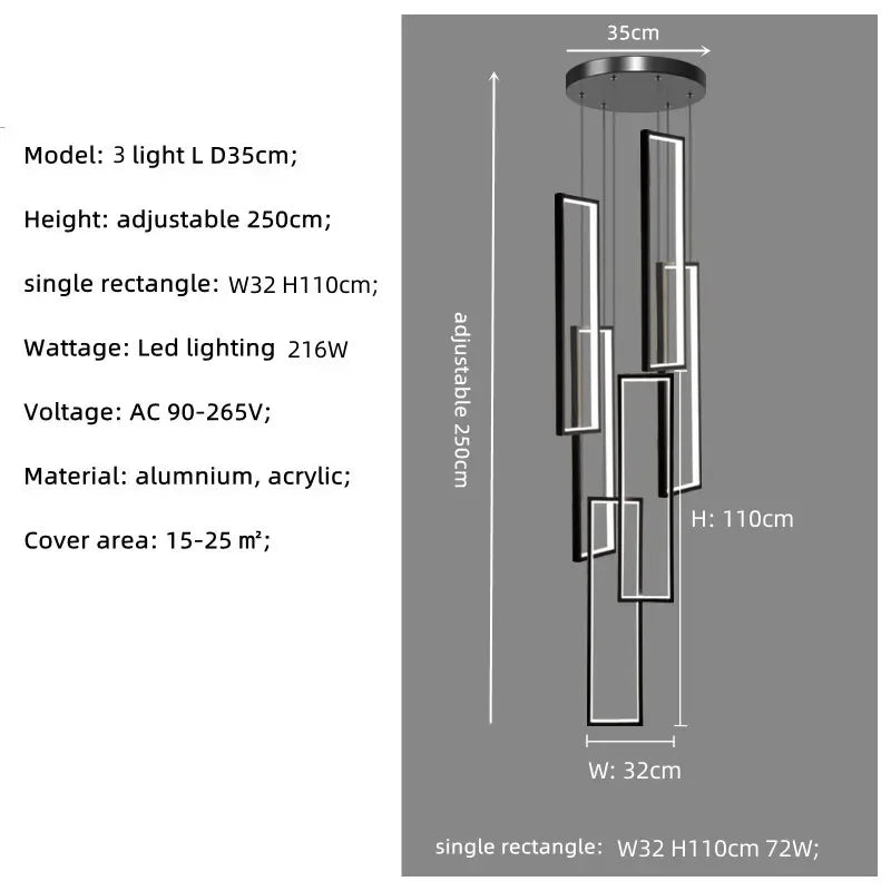 Nordic Black Rectangle LED Chandelier for Living Room, Dimmable Stairs Pendant Lighting