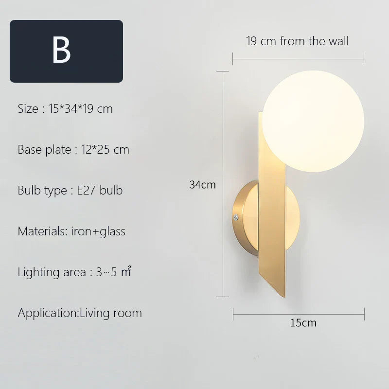 Scandinavian Brass Wall Sconce Glass Shade for Modern Living Room Lighting