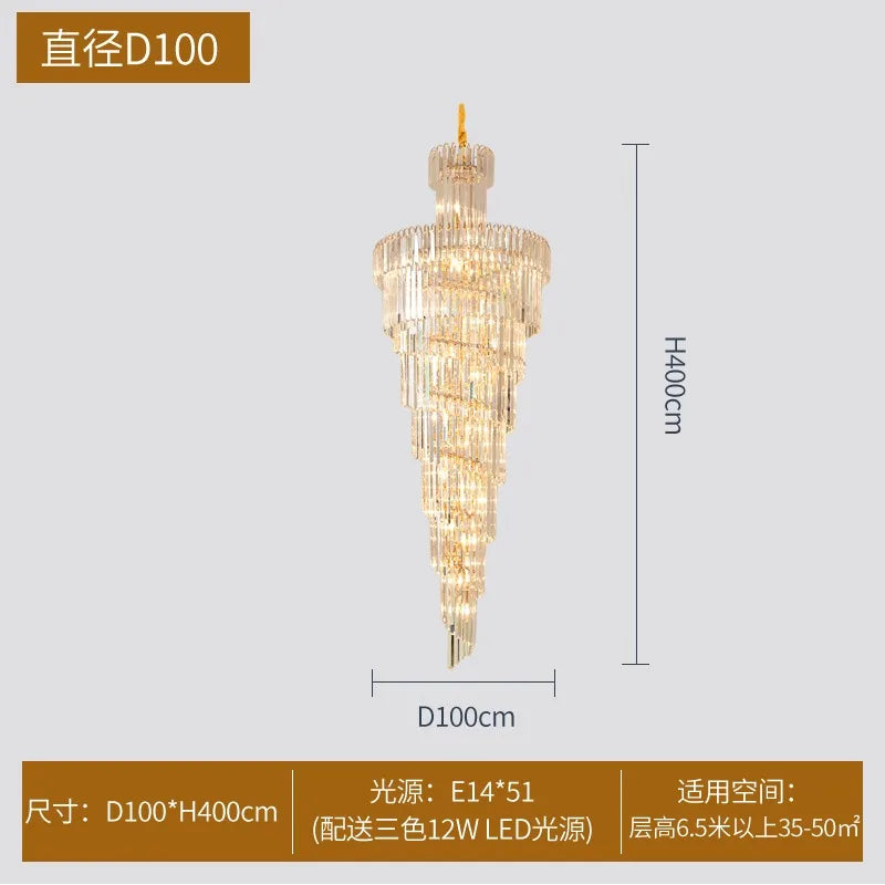 Crystal Spiral Chandelier | Elegant Long Pendant Light for Hotel Lobby & Sales Hall