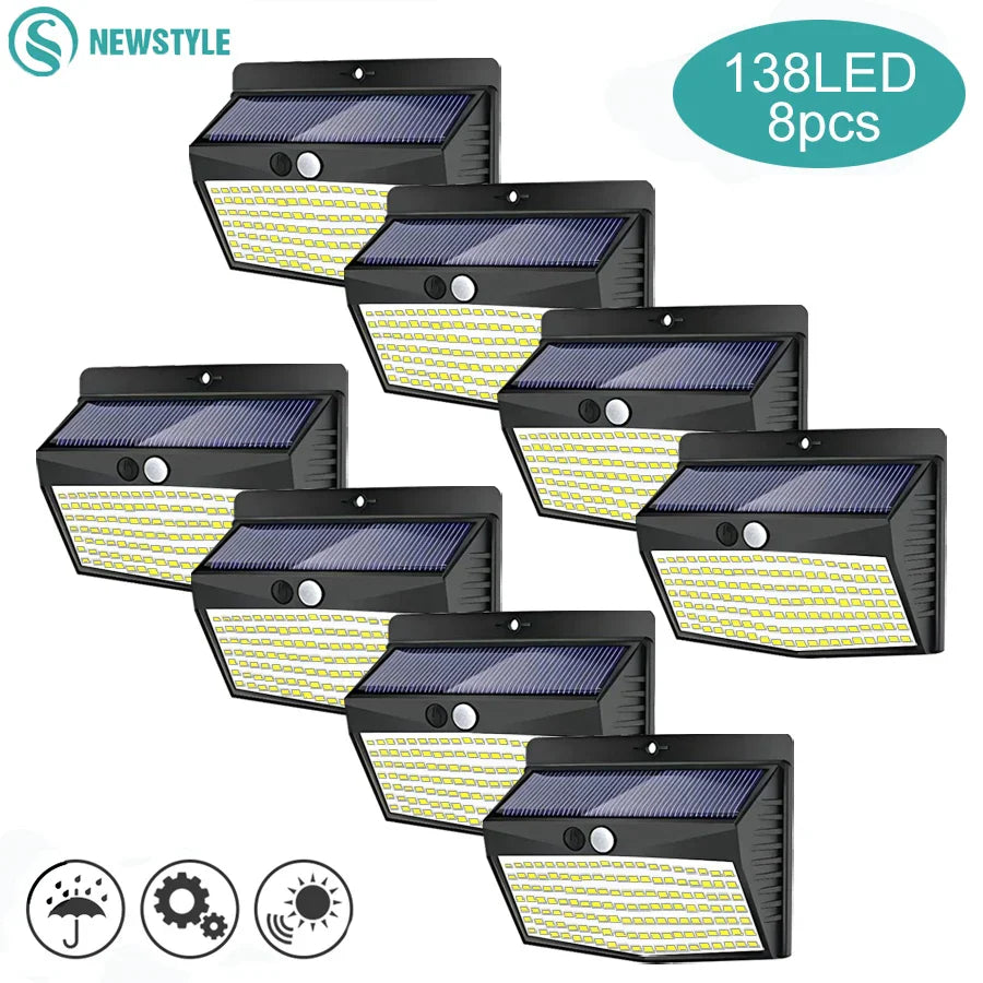 138 LED Solar Wall Lamp Security Motion Sensor 3 Modes Fence Yard Deck
