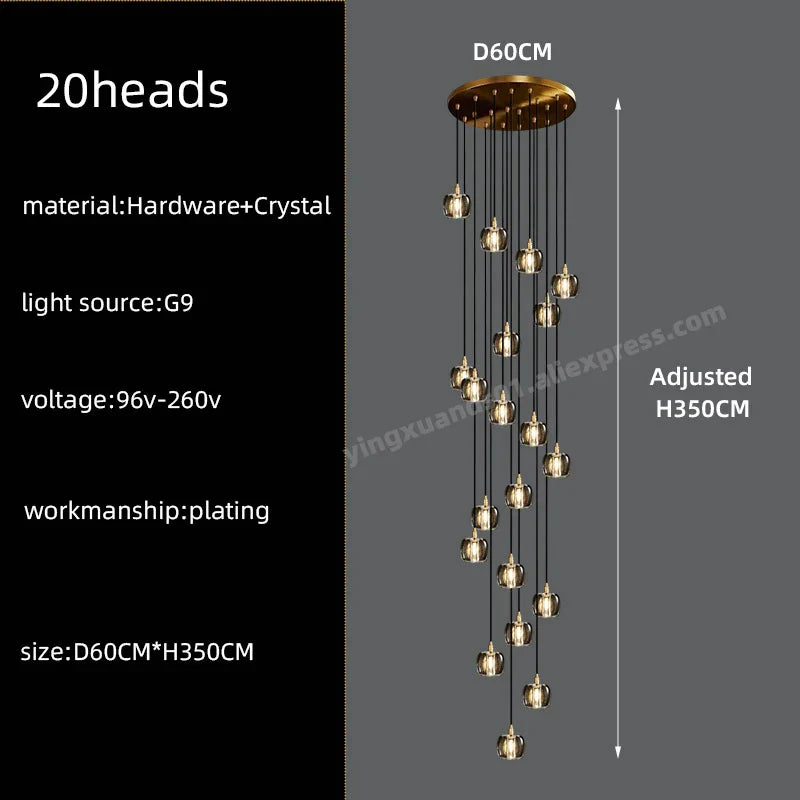 Black & Gold Crystal Chandelier LED Pendant Light Fixture Loft Staircase Lighting