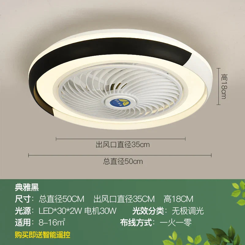 Modern Black 56cm Round Ceiling Fan with LED Light and Remote Control