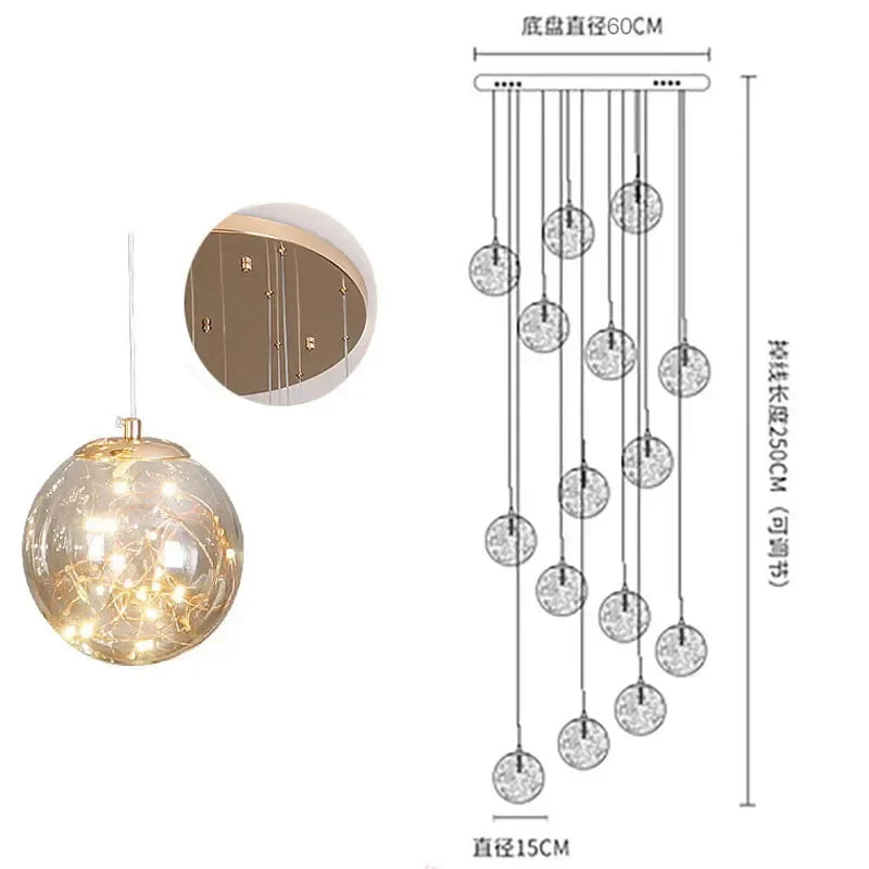 Gold LED Glass Chandelier: Minimalist Round Ball Staircase Lighting Fixtures