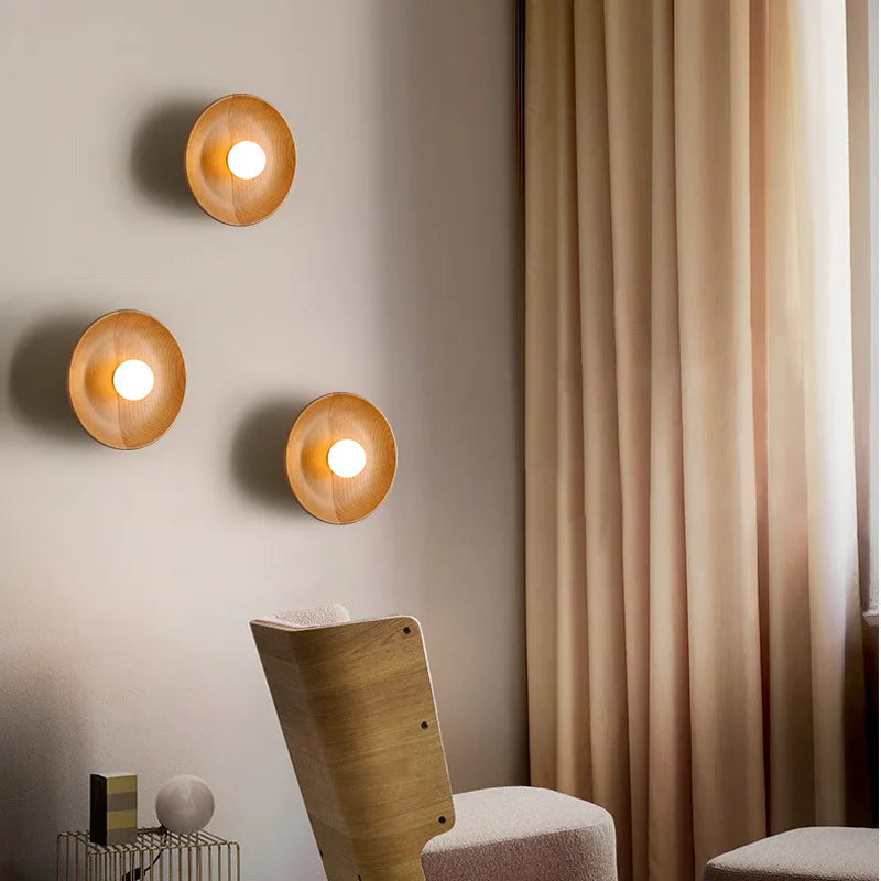 Wood Round Plate Wall Lights LED Nordic Modern Sconce for Home Décor
