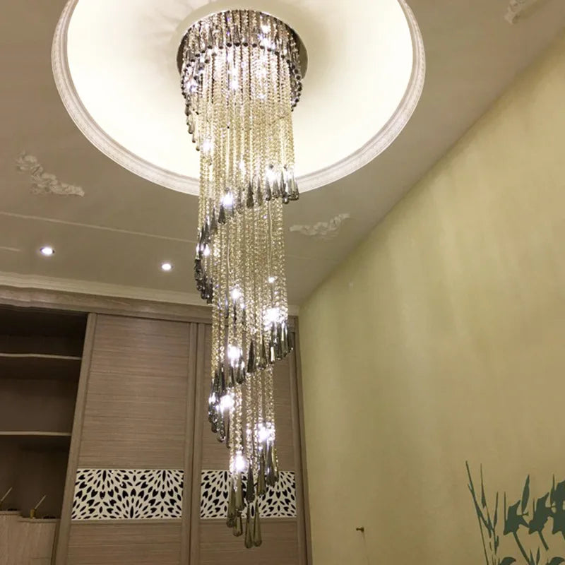 Smoky Gray Crystal LED Chandelier: Luxury Long Stairway & Corridor Lighting