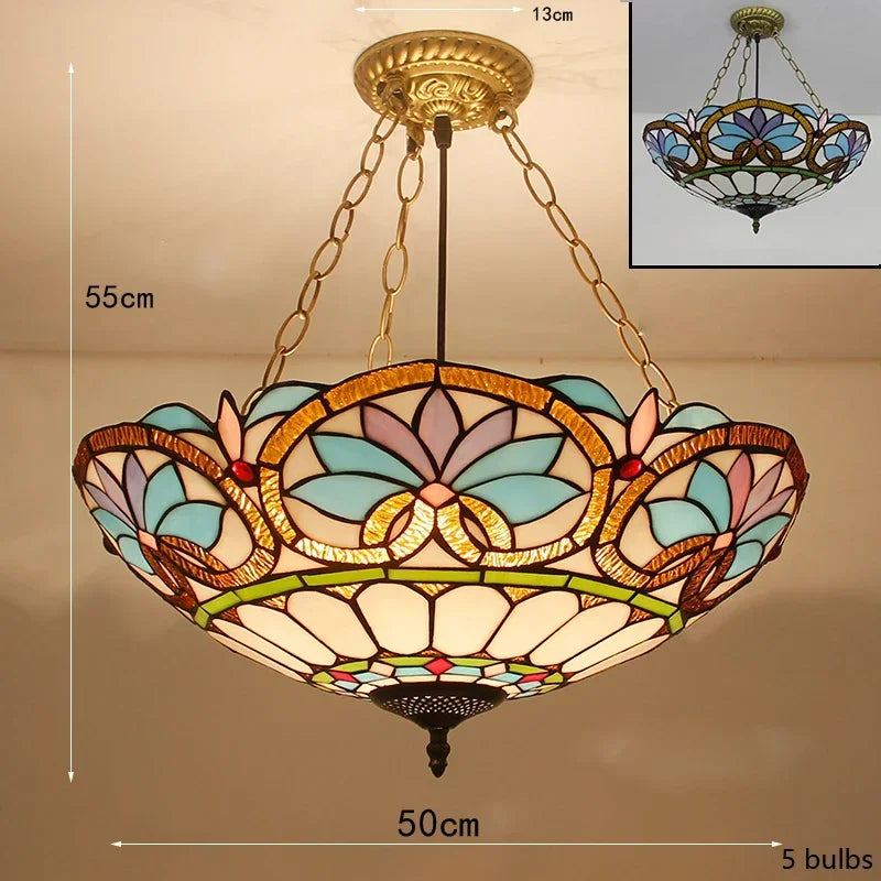 Mediterranean Tiffany Stained Glass Pendant Light Vintage Hanging Lamp Art Decor