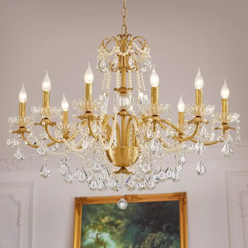 Gold Brass Crystal Chandelier - Luxurious Candle Lights for Villa Living Room