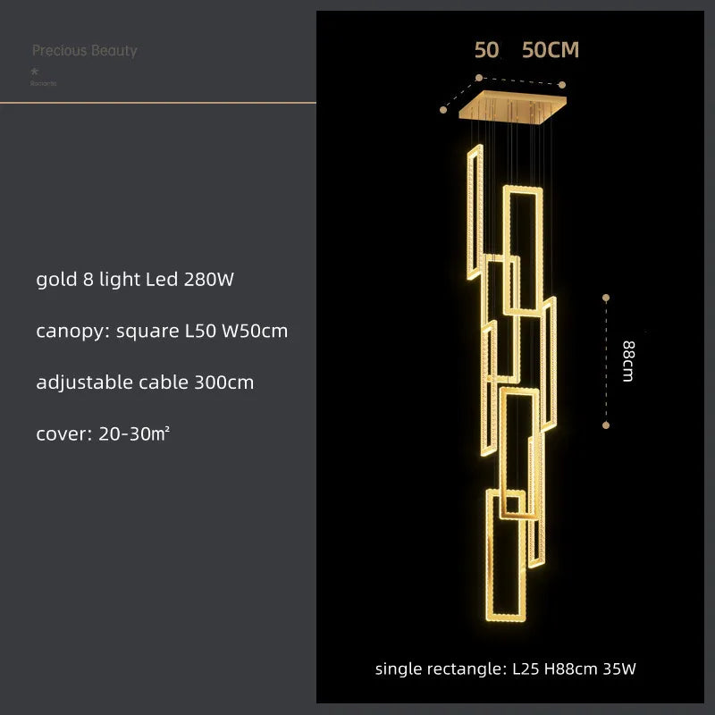 Modern Crystal LED Pendant Lights Steel Rectangle Hanging Lamp