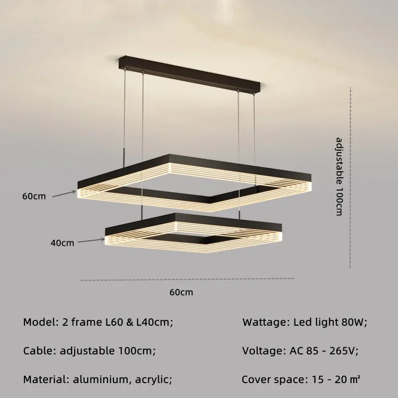 Minimalist Black Square Frame LED Chandelier for Living Room