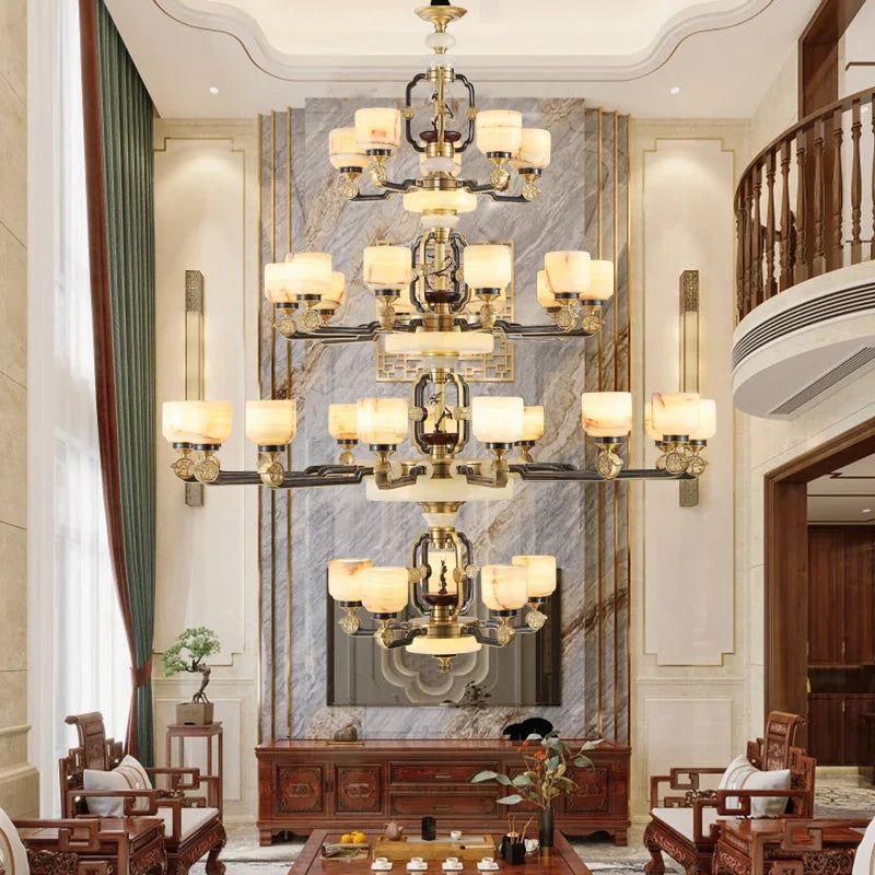 All Copper Jade Chandelier for Living Room, Villa Duplex Multi-storey Lighting