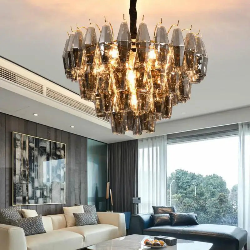 Modern Luxury Metal Amber Glass Pendant Lights Gray Chain Lighting Fixture