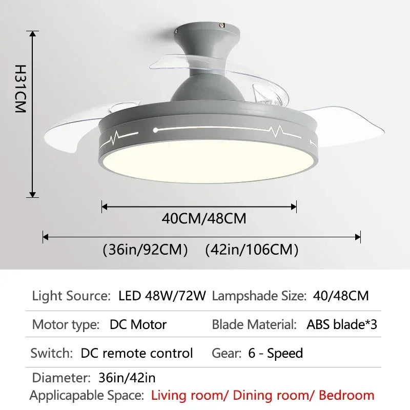White Ceiling Fan Light with Hidden Fan, Remote Control for Bedroom and Restaurant
