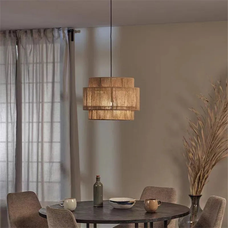 Rattan Pendant Light Handmade Hemp Rope, Japanese Design for Dining Room and Cafe