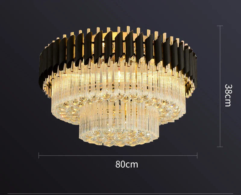 Gold Black Crystal Ceiling Chandelier - Round LED Pendant for Living Room Lighting