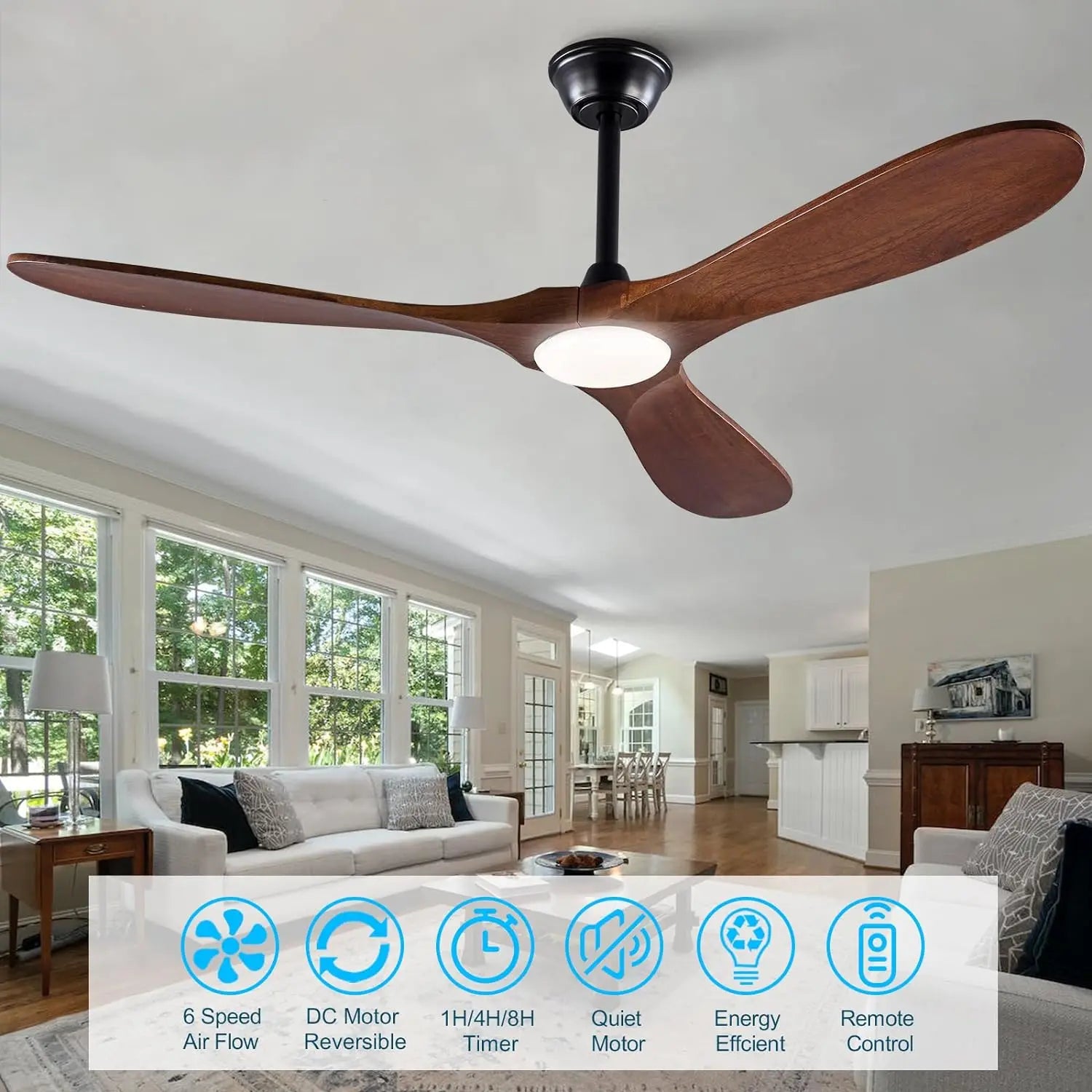Wooden Ceiling Fan with LED Light and Control - Ideal for Bedroom, Living Room, Office