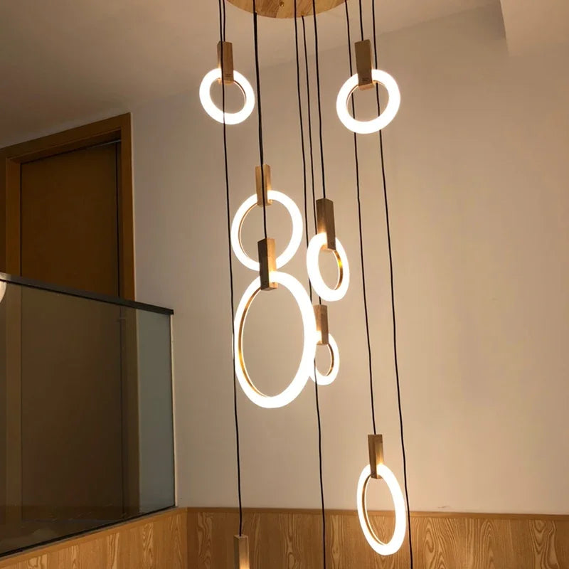 LED Wood Stair Chandelier: Modern Nordic Living Room Ceiling Pendant Lights