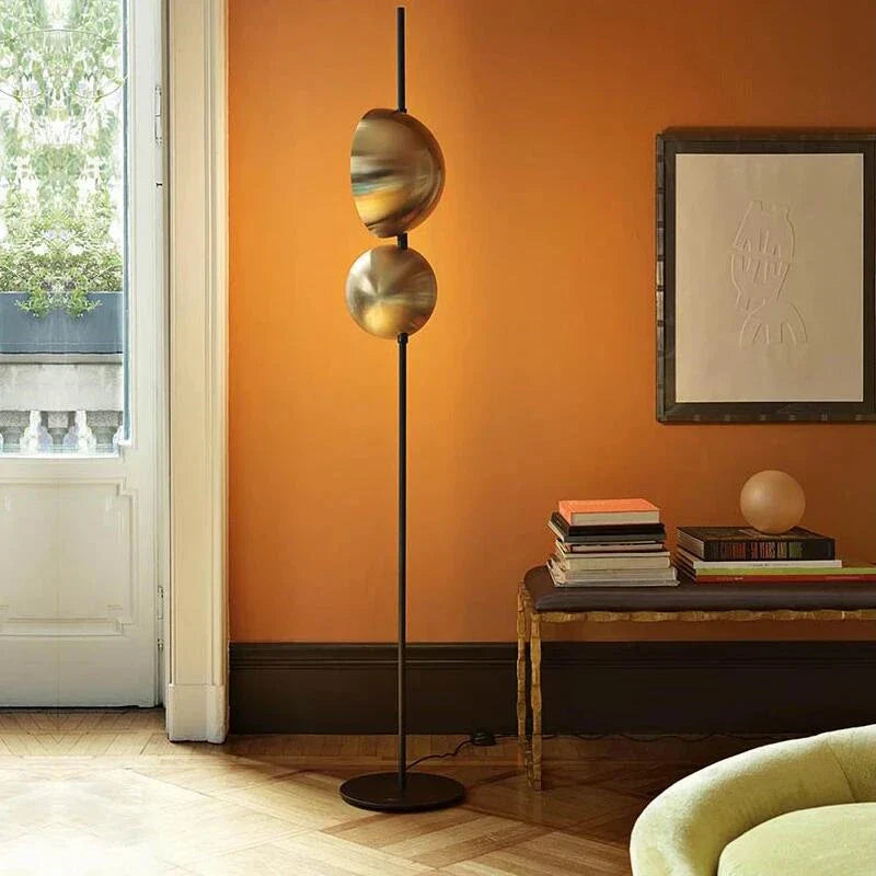 Superluna Double Lampshade LED Floor Lamp - Black Gold Living Room Standing Light