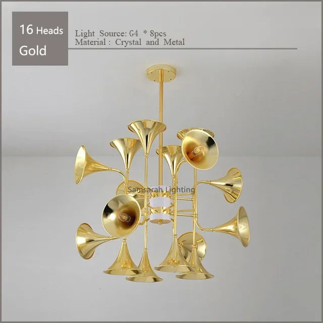 Gold Flared Trumpet Chandelier for Kitchen, Hall, Study, Drawing Room