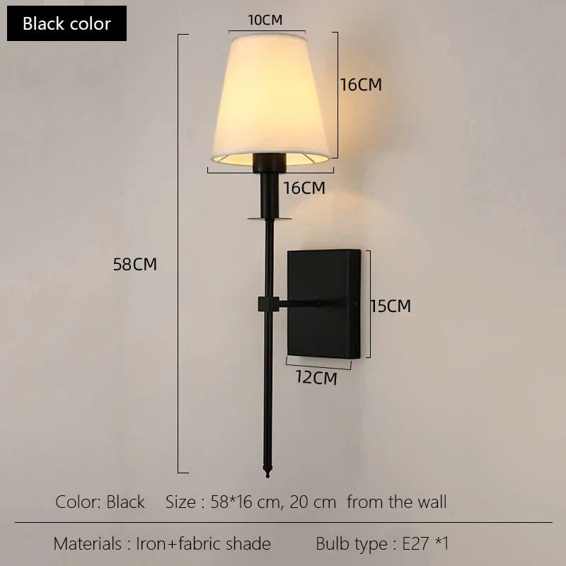 Black Brass Fabric Shade LED Wall Sconce for Bedroom & Mirror Decor