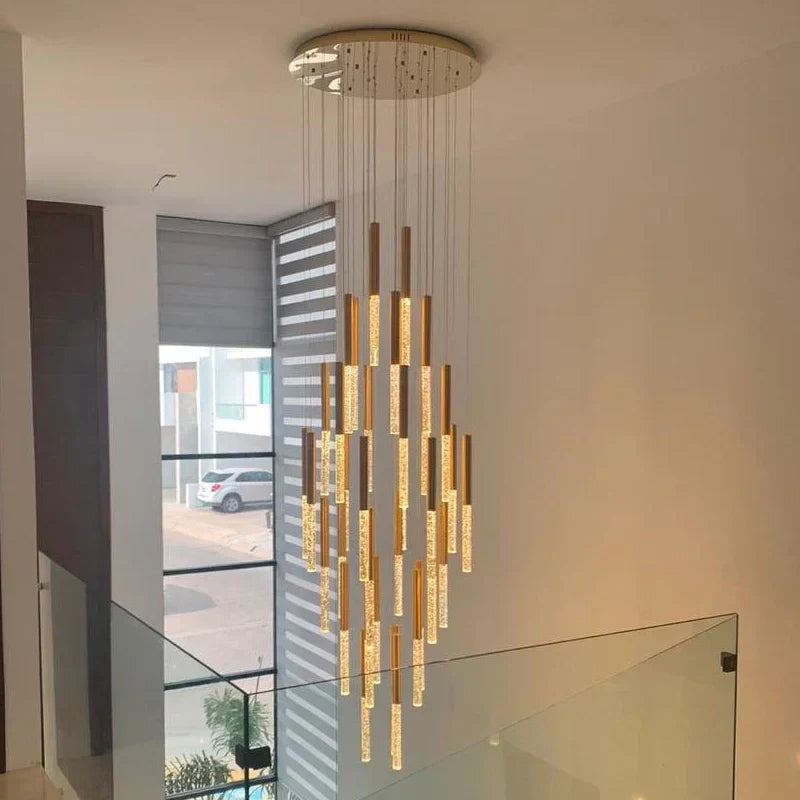 Modern Gold Crystal LED Staircase Chandelier for Large Hallway Lobby Loft