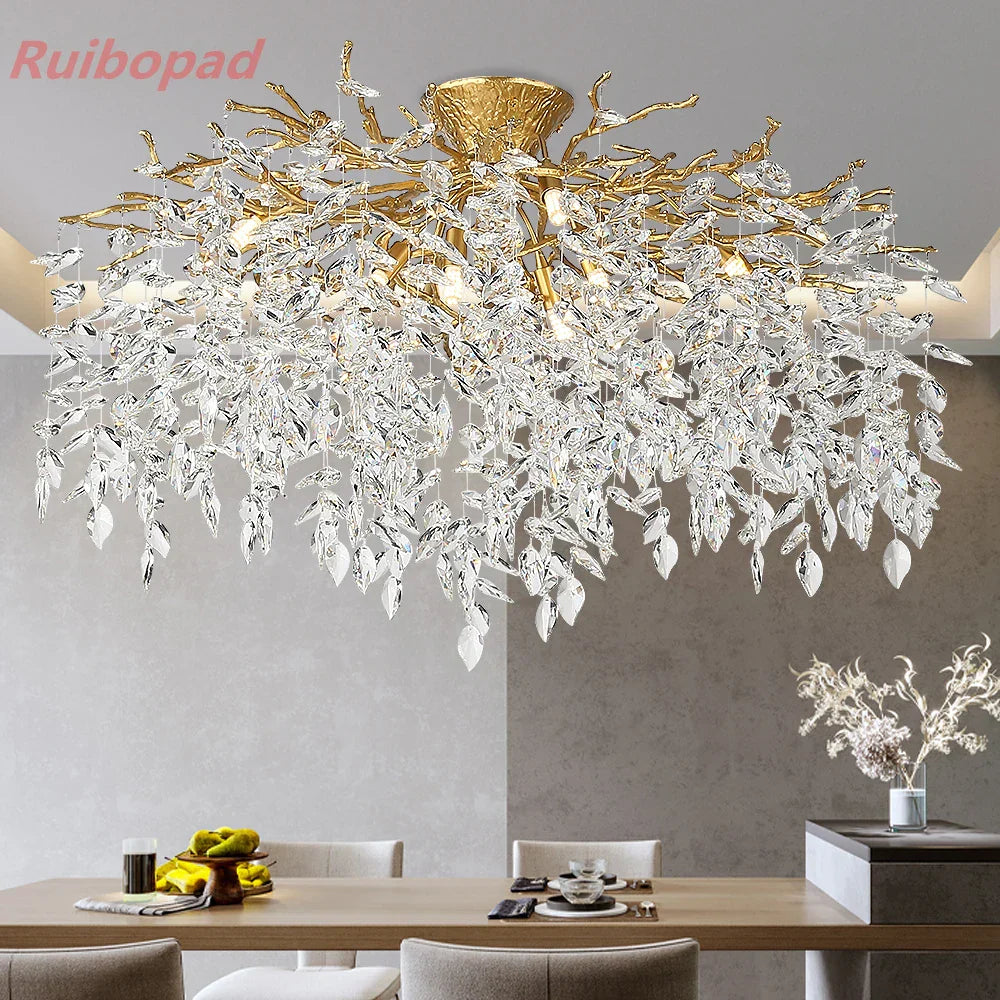 Round Crystal Gold Branch Chandelier for Modern Living Spaces