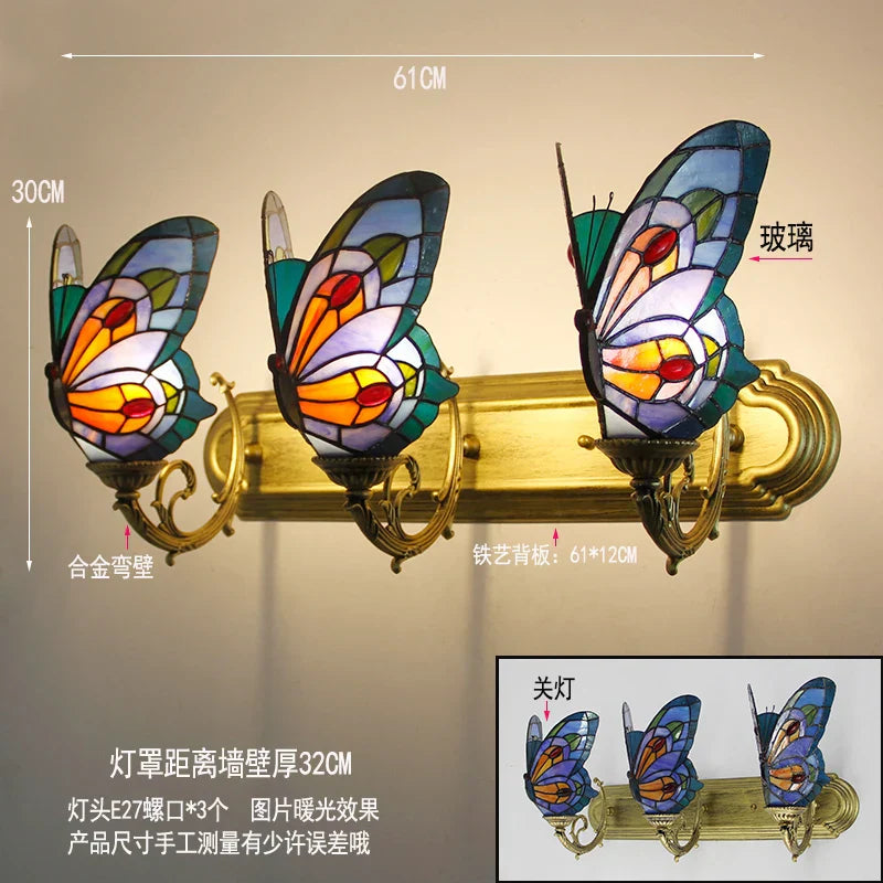 Butterfly Glass Sconces LED Wall Lamps Tiffany Mediterranean Bedroom Lighting