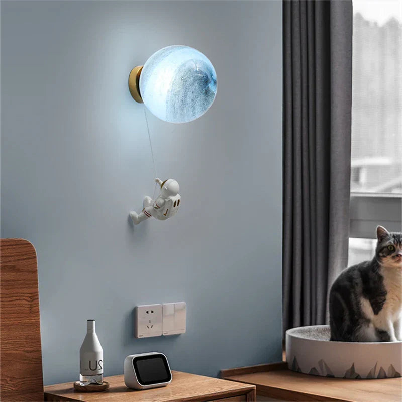 Astronaut Moon Wall Lamp: Modern Minimalist Kids Bedroom Background Light