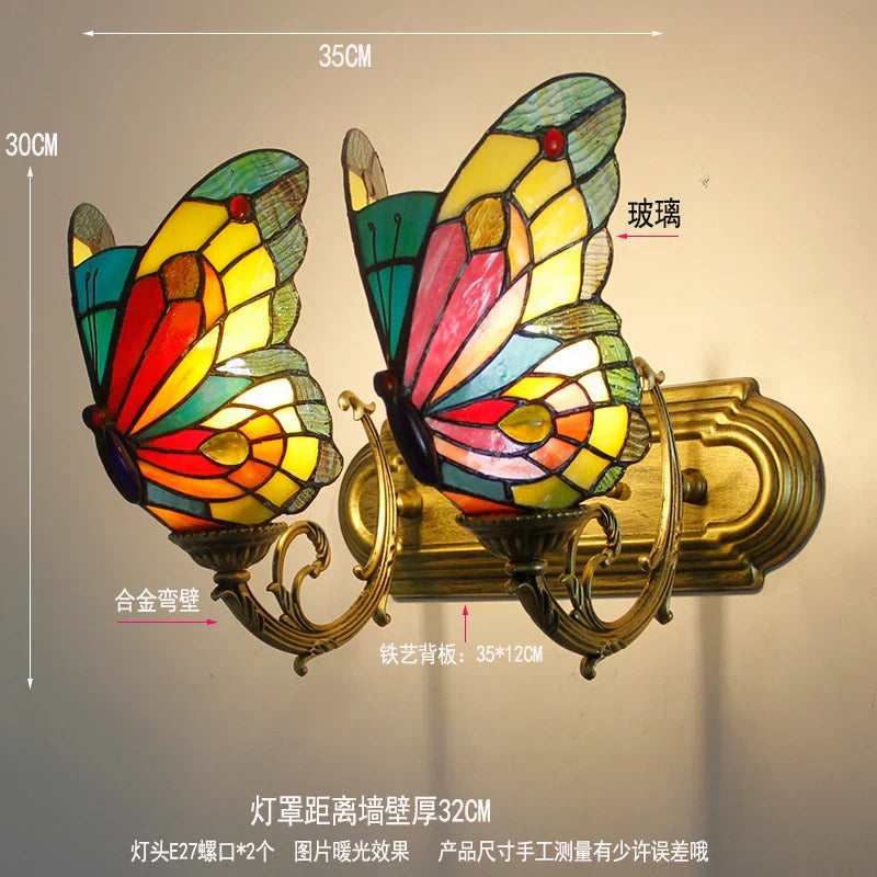 Butterfly Glass Sconces LED Wall Lamps Tiffany Mediterranean Bedroom Lighting