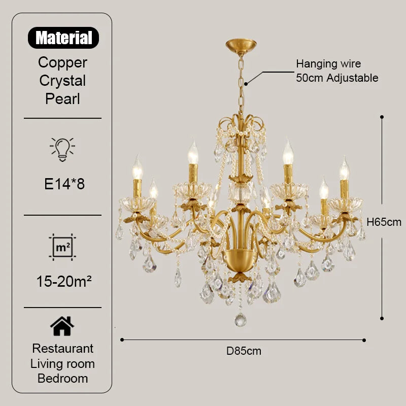 Gold Brass Crystal Chandelier - Luxurious Candle Lights for Villa Living Room