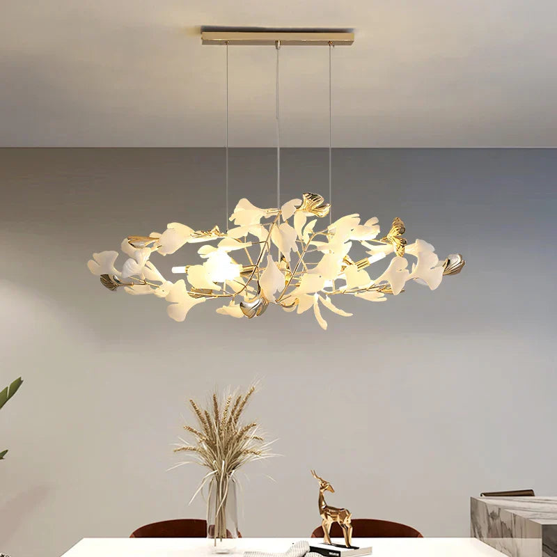 Gold Branches Chandelier with Porcelain Leaves Pendant Light - Luxury Living room Decor