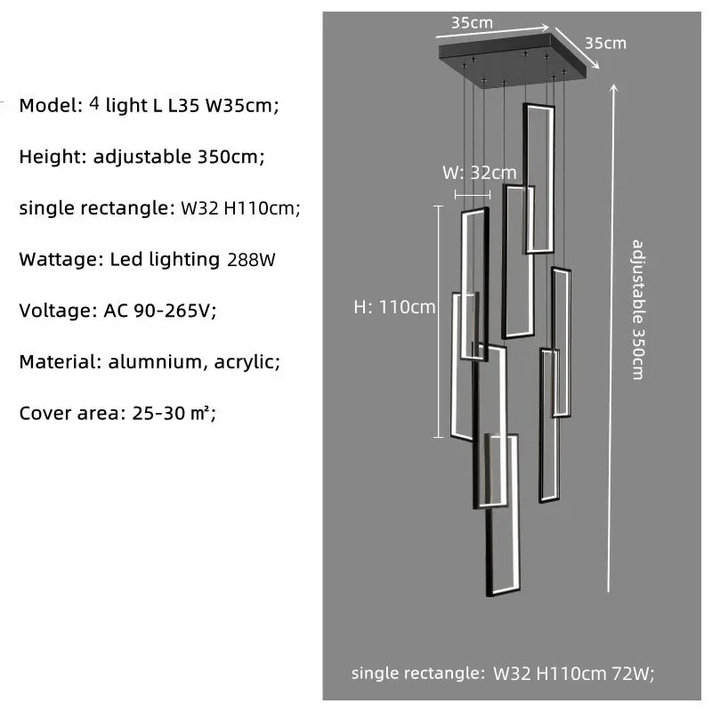 Nordic Black Rectangle LED Chandelier for Living Room, Dimmable Stairs Pendant Lighting