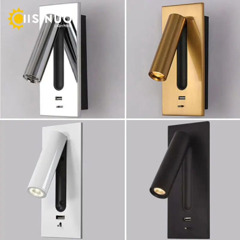 LED Wall Sconce Adjustable Reading Light for Hotel Bedroom, USB Charging