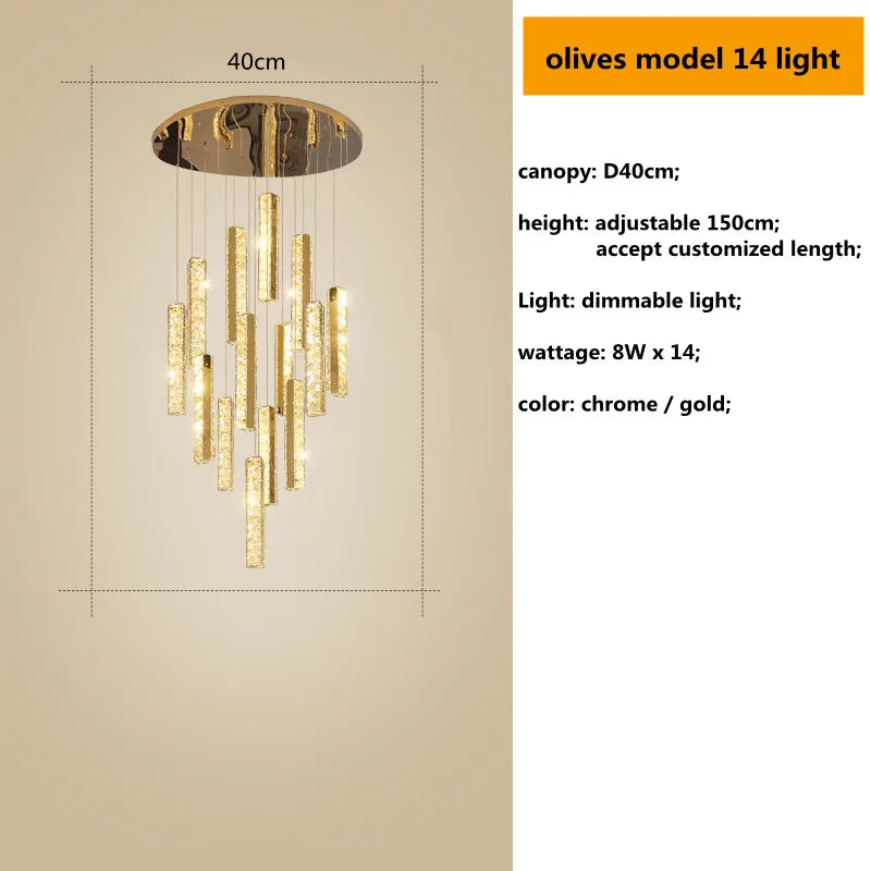 Gold Chrome Steel Crystal Pendant Lights with Dimmable LED for Villa Stair