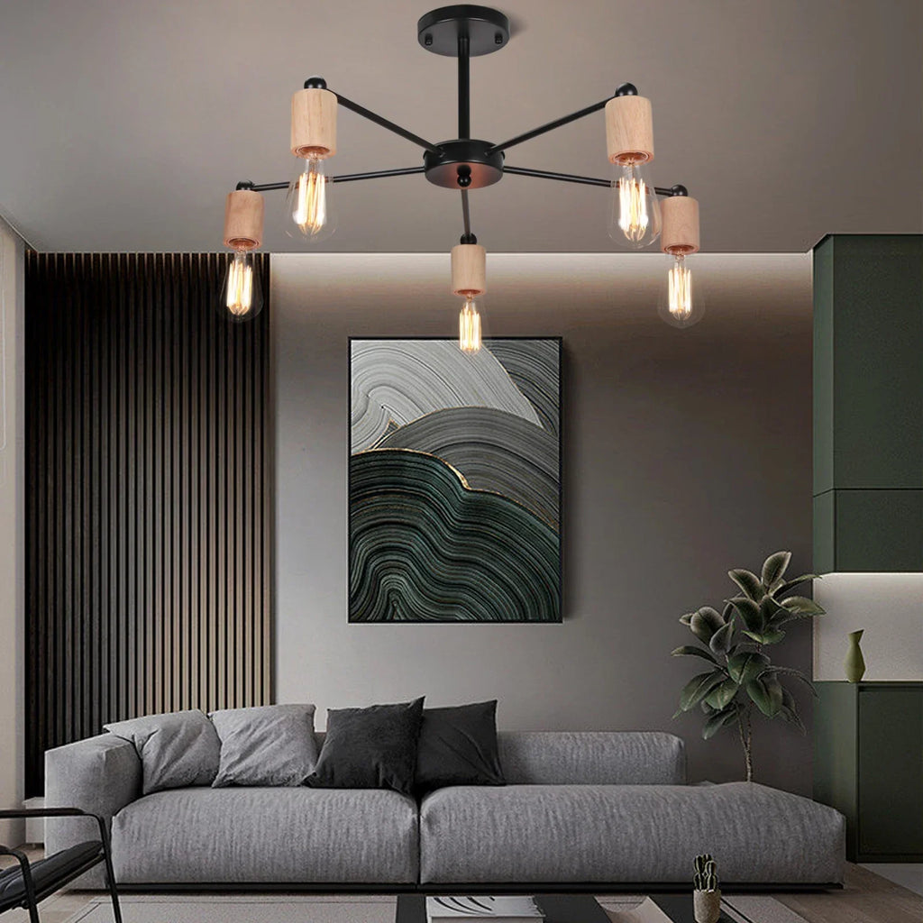 Industrial Rod Iron Wood Sputnik Chandelier Ceiling Lamp LED E27 Home Lighting