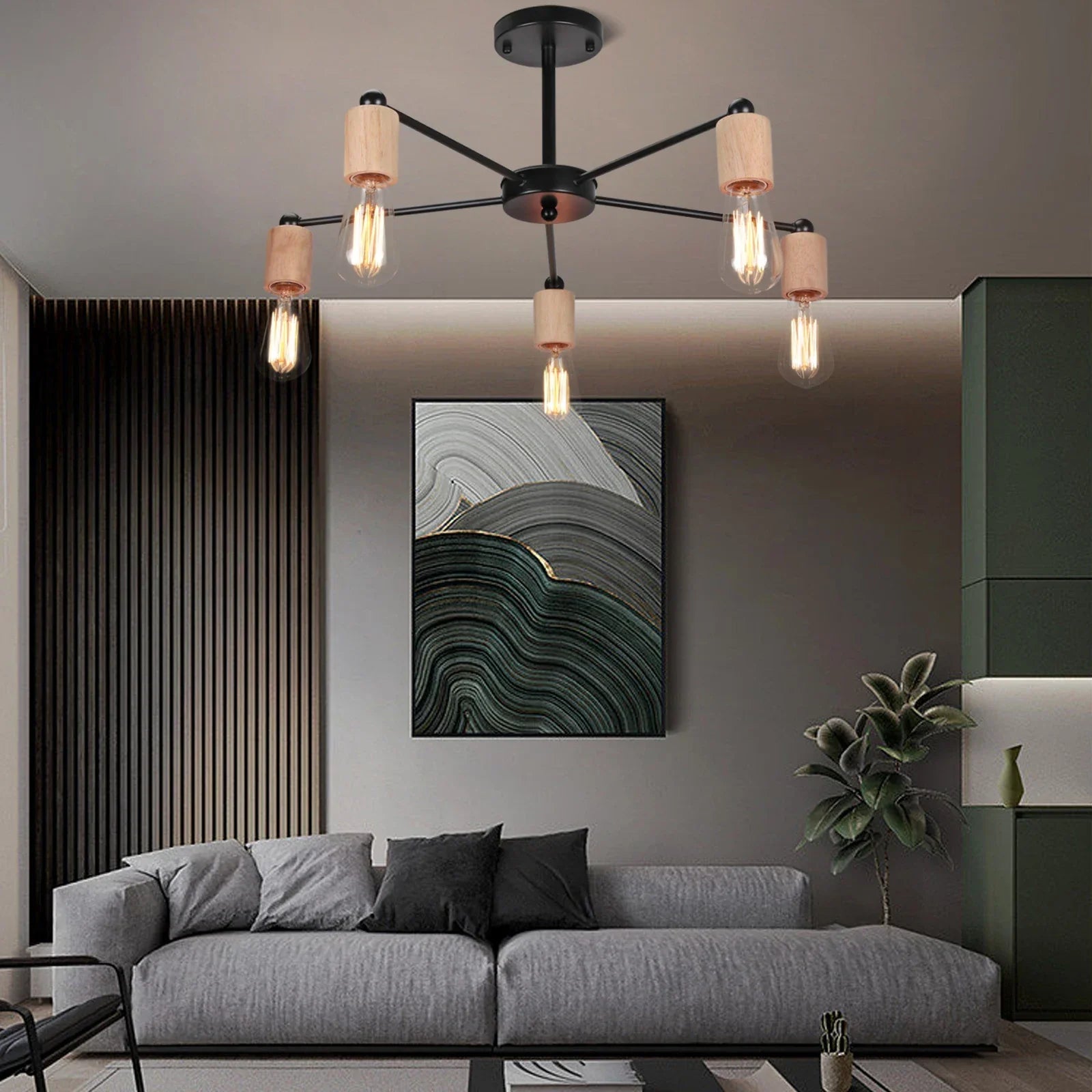 Industrial Rod Iron Wood Sputnik Chandelier Ceiling Lamp LED E27 Home Lighting