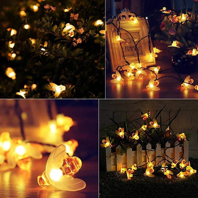Solar Bee String Lights: Outdoor Fairy Light Garland 8 Modes Waterproof Garden Party Decor