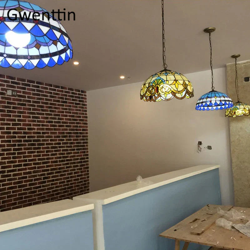 Stained Glass Pendant Lights: Baroque Style LED Kitchen Lighting Fixtures