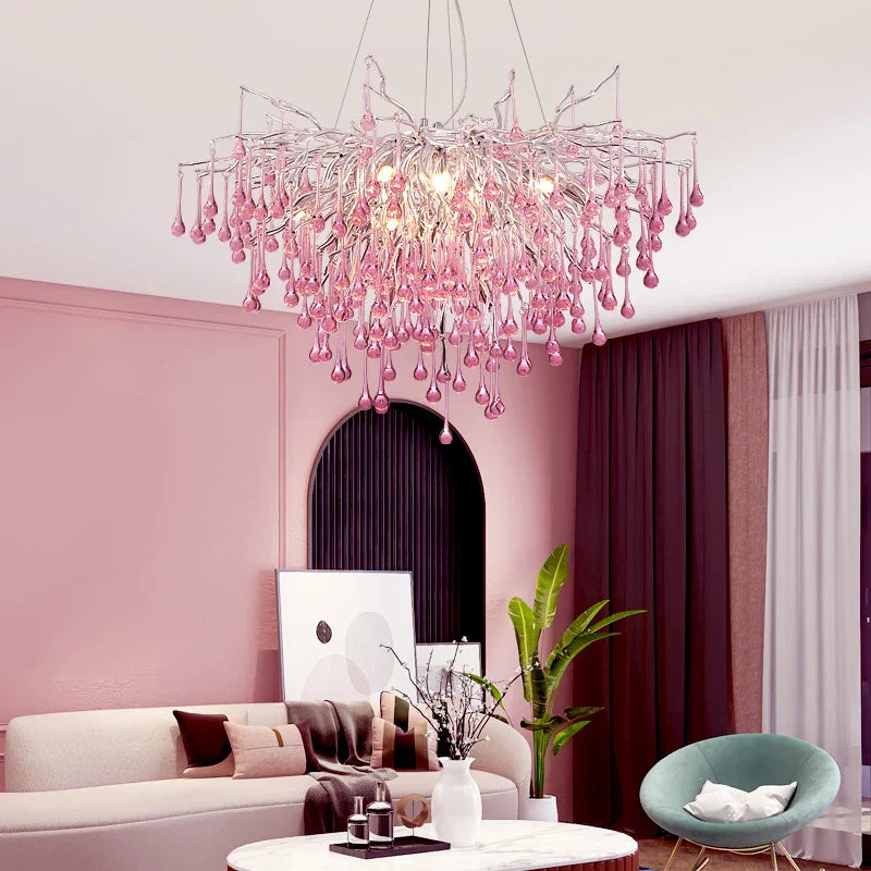 Kids' Pink Crystal Chandelier: Colorful Chrome Ceiling Light for Girls' Bedroom