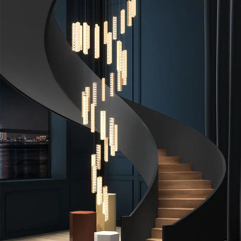 Gold Chrome Steel Crystal Pendant Lights with Dimmable LED for Villa Stair