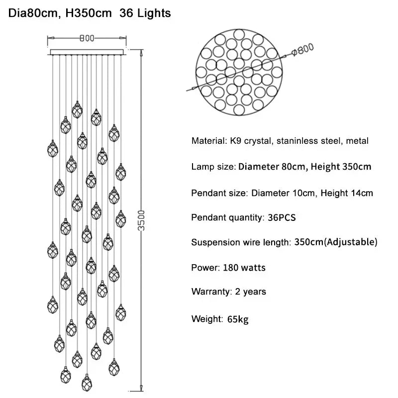 Diamond Crystal Ball Chandelier, Luxury LED Light Fixture for Staircase and Living Room