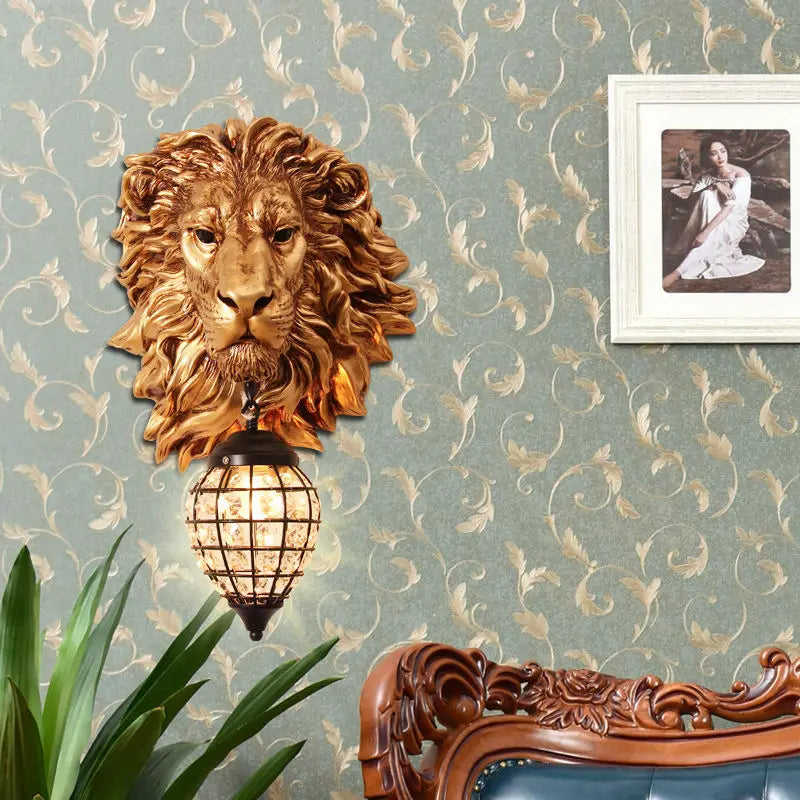 Lion Head Resin Wall Lamp: European Style Living Room Light for Home Décor