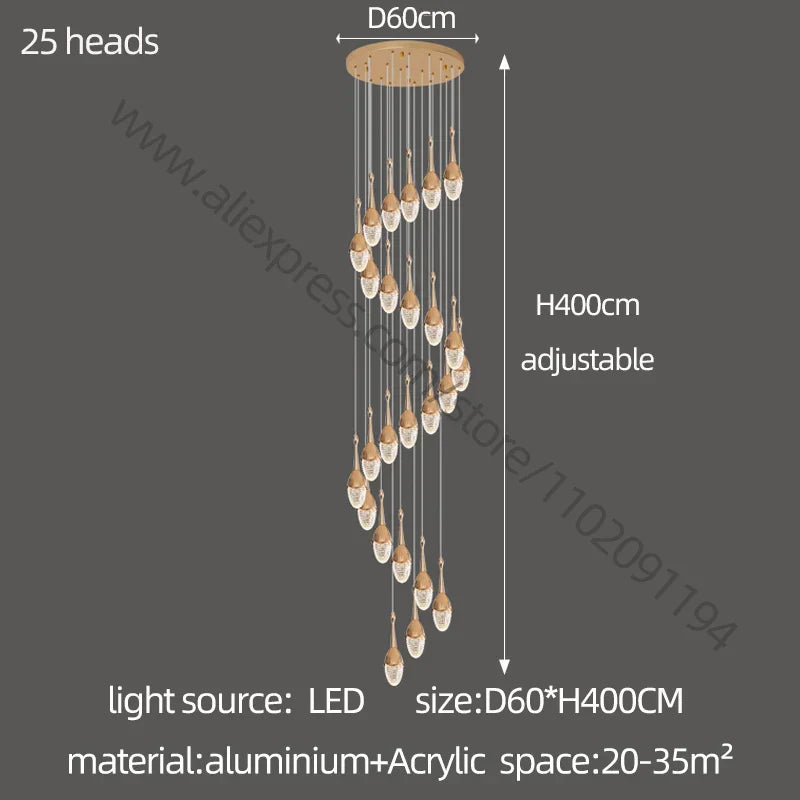 Gold LED Staircase Chandelier: Elegant Luxury Large Pendant Lamp for Living Room