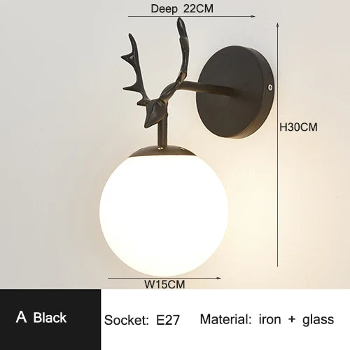 Retro Antlers Glass Ball Wall Lamp for Indoor LED Decor Lighting