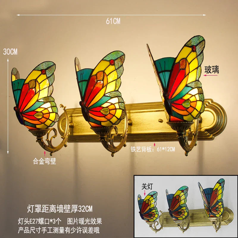 Butterfly Glass Sconces LED Wall Lamps Tiffany Mediterranean Bedroom Lighting