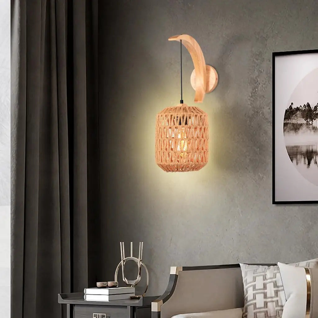 Modern Wood Hemp Rope Wall Sconce for Indoor Home Decor Lighting